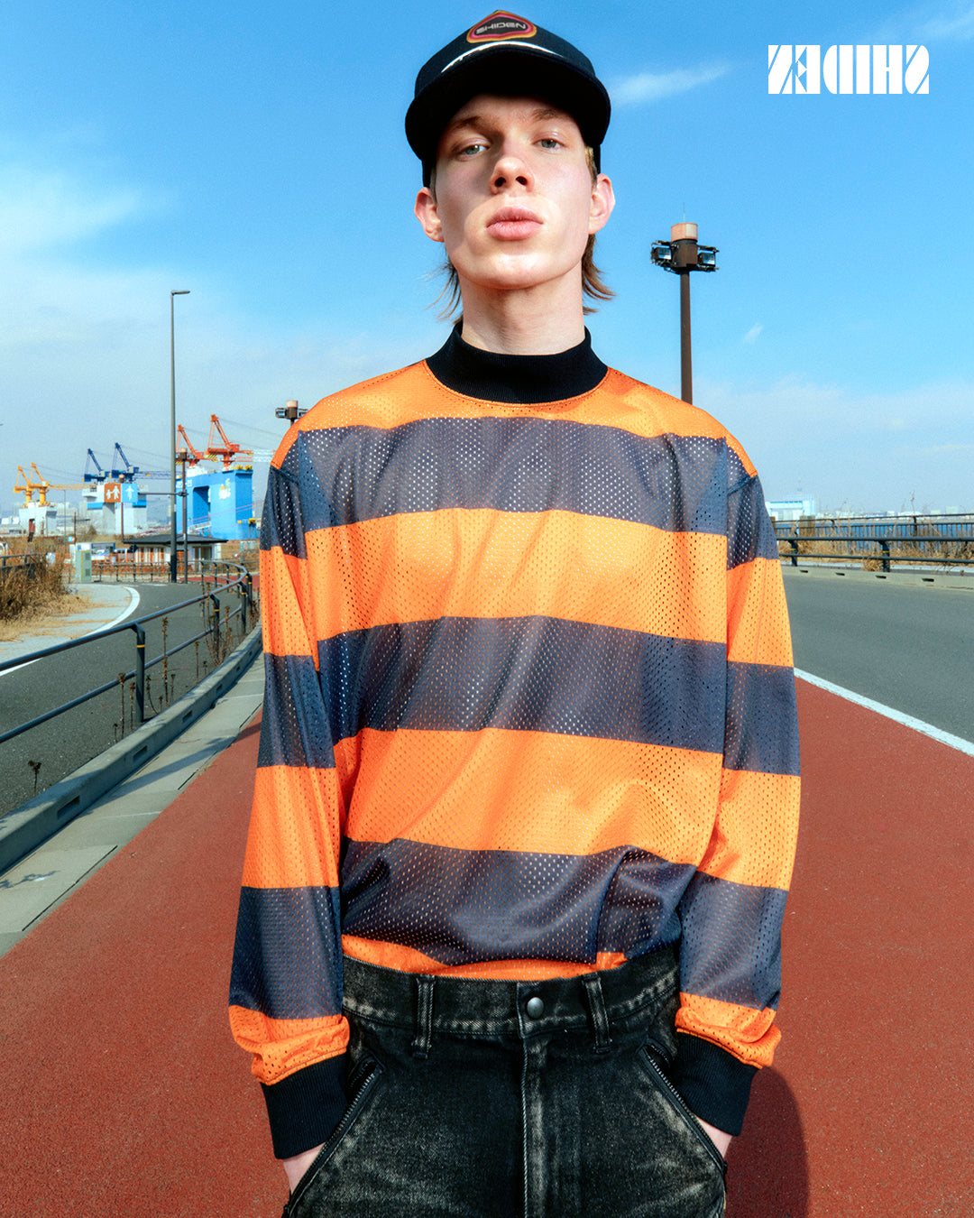 SHIDEN FW2025  L/S MOCK NECK TEE STRIPE MESH